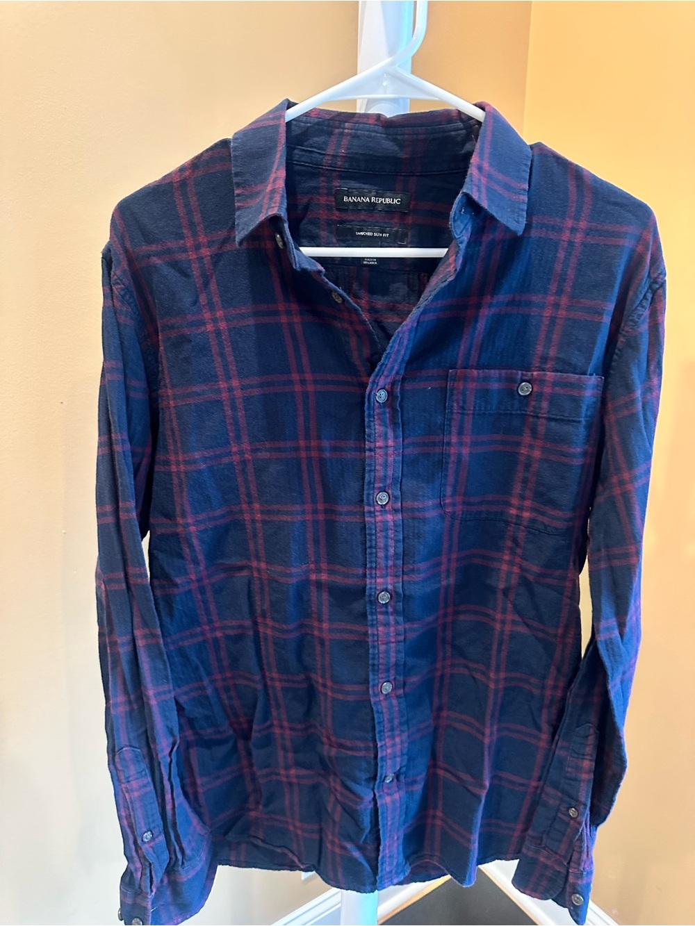 Banana Republic Men’s Navy and Burgundy Plaid Button-Down Shirt